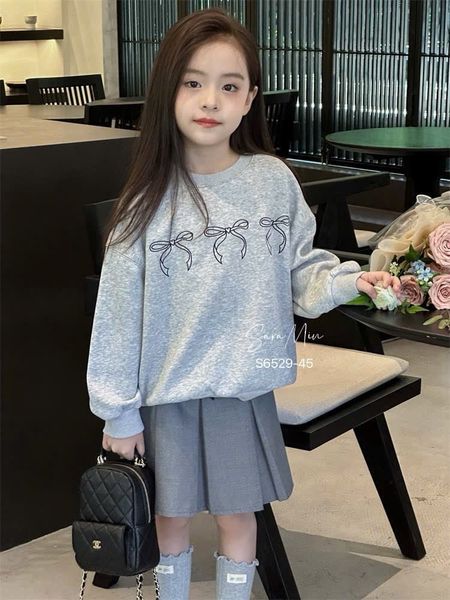 V00155 - Set váy Sara Min áo nỉ nơ + chân váy xếp ly mà ghi bé gái size 2-12y