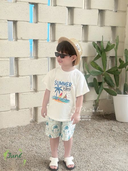 VJ115 - Bộ June with love áo cotton trắng Summer + quần lanh cây dừa size 1 - 10y