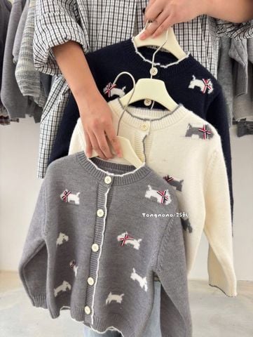 AK30 - Cardigan len Tongnono hình cún 2 màu ghi/kem bé gái size 110-150