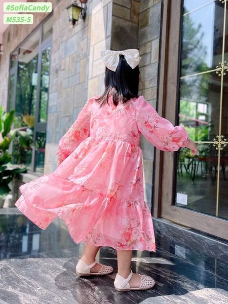 V00079 - Váy voan tơ dài tay buộc nơ cổ 10 màu hoa