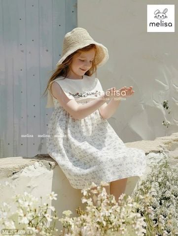 MLSDCC.7469 - Váy linen sát nách Melisa màu kem hoa dây cổ yếm trắng thêu size 2 - 11y