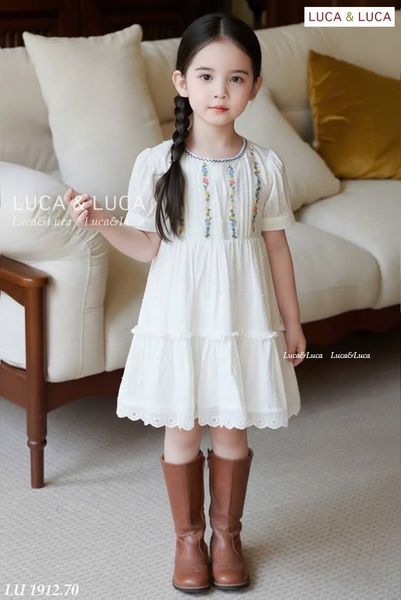 LUDCC.1912 - Váy Luca & Luca trắng babydoll ngực thêu hoa phối ren size 2-11y
