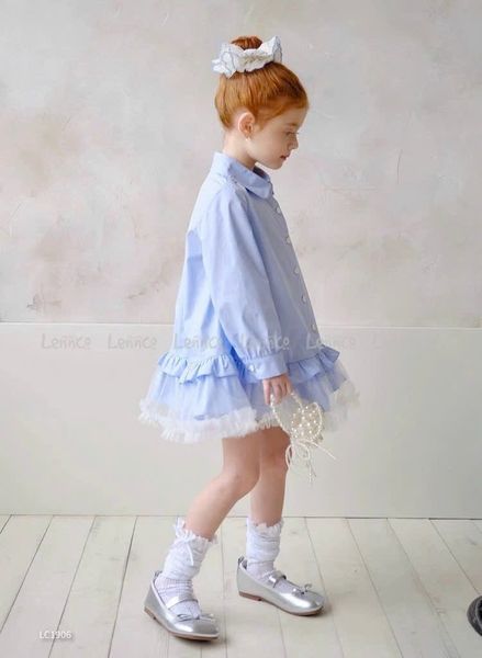 V00004 - Váy sơ mi thô phối chân voan 2 màu trắng / xanh size 12m - 10y