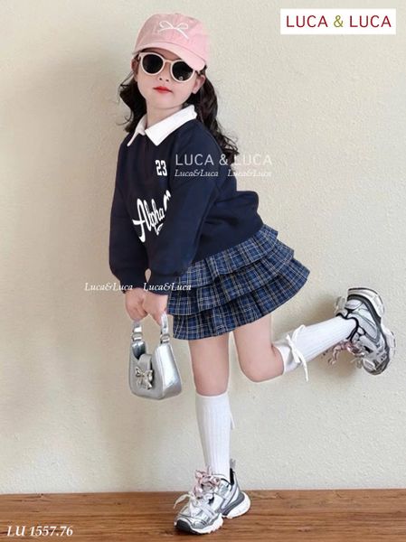 LU 1557 - Bộ bé gái Luca áo nỉ xanh Alpha 23 + chân váy kẻ 3 tầng size 2-12y