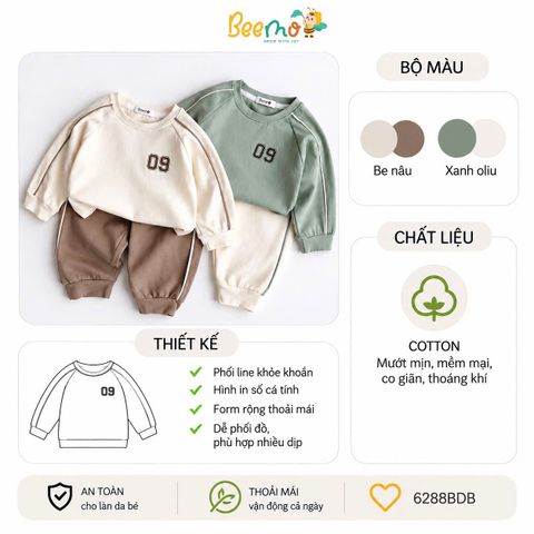 6288BDB - Bộ thun Beemo số 09 năng động 2 màu bé trai size 1-6y