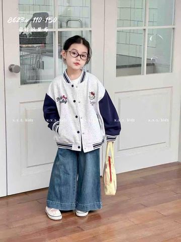 AK24 - Áo khoác bomber nỉ màu ghi Hello Kitty cho bé size 110-150