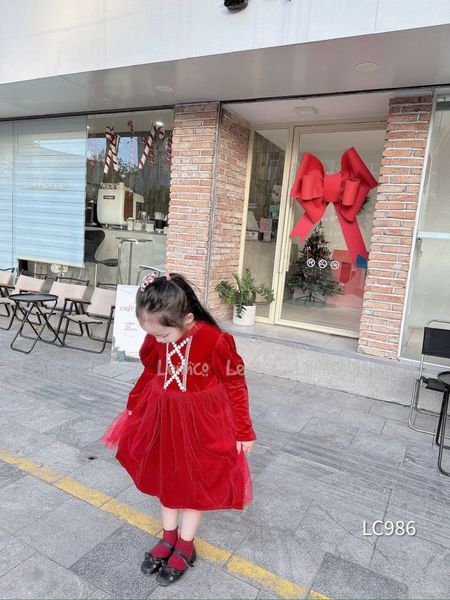 V00114 - Váy nhung phối chân voan 2 màu hồng / đỏ size 12m - 10y