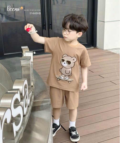 5144BHB - Bộ Beemo cổ tròn thêu gấu cho bé trai size 1-6y