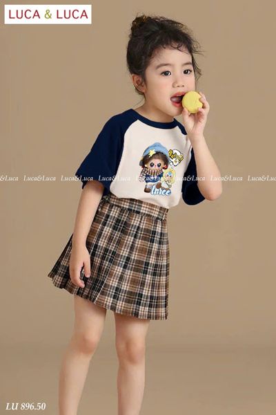 LU 896 - Set bộ Luca áo babythree + chân váy kẻ caro nâu bé gái size 2-12y