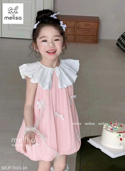 MLSDCC.6648 - Váy Melisa bí vải tơ đính nơ cổ sen hồng size 2-12y