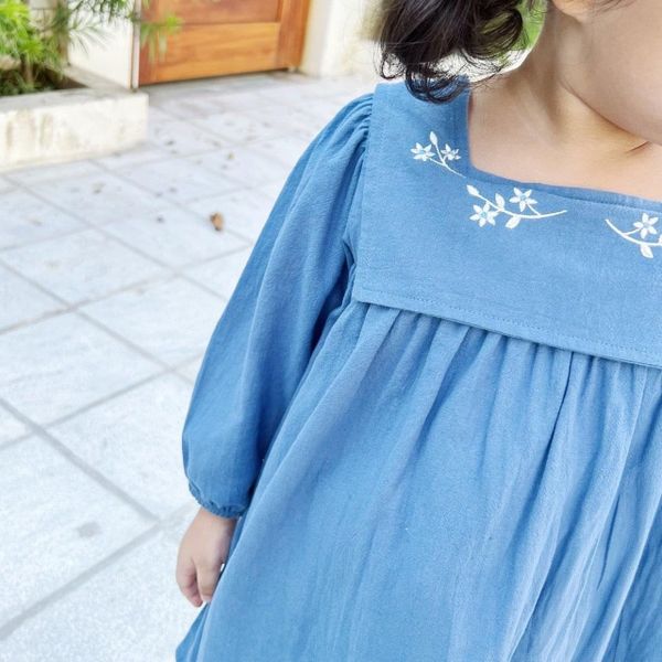 V00131 - Váy đũi dài tay Beemo cổ yếm thêu hoa 2 màu xanh / trắng size 80 -130