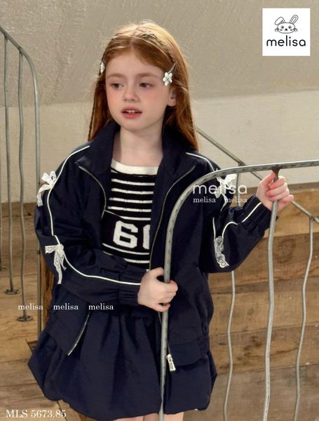 MLS 5673 - Bộ gió Melisa áo khoác navy nơ + chân váy liền quần size 2-12y