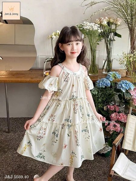 JJ 5039 - Váy vải thô Jam & Jenny cổ yếm trễ vai hoạ tiết hoa bé gái size 2-12y