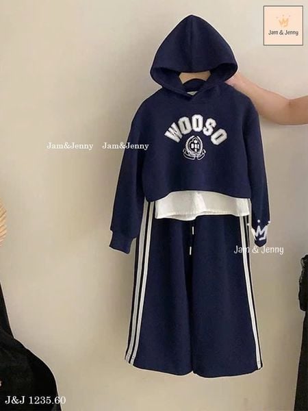 JJ 1235 - Bộ nỉ Jam & jenny hoodie WooSo xanh phối vạt trắng size 2-12y
