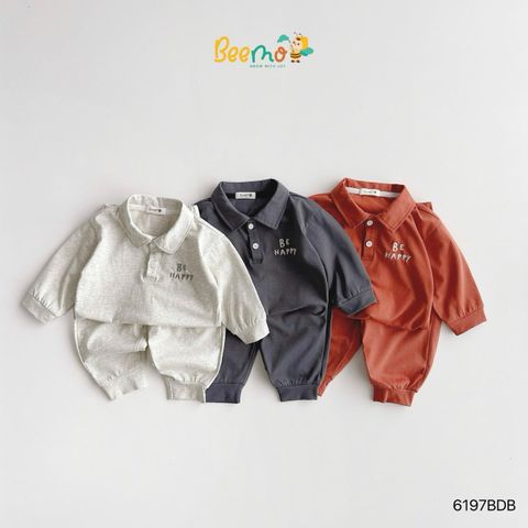 6197BDB - Bộ polo Beemo vải thun Be Happy trơn 3 màu bé trai size 1-7y