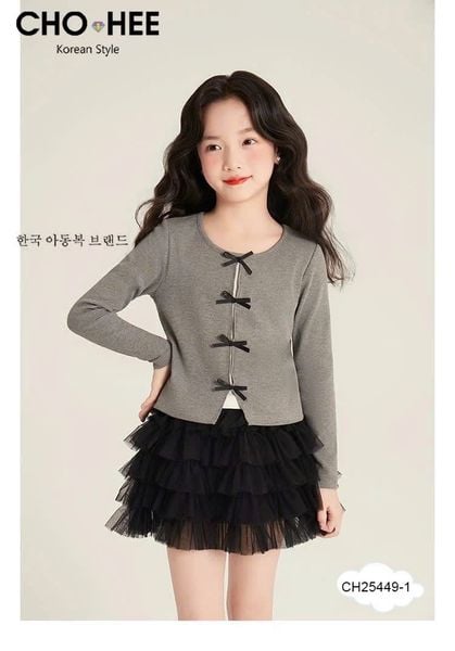 CH25449 - Bộ Cho Hee áo cotton đính nơ + chân váy tutu 2 màu bé gái size 2-11y