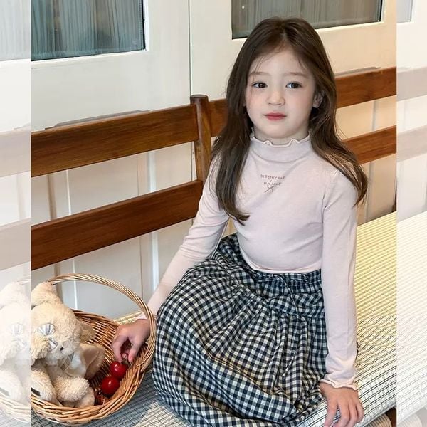 ABG10 - Áo cổ bèo AMBB vải thun giữ nhiệt in chữ bé gái size 90-170