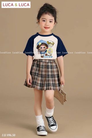 LU 896 - Set bộ Luca áo babythree + chân váy kẻ caro nâu bé gái size 2-12y