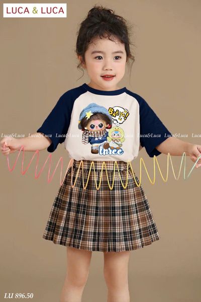 LU 896 - Set bộ Luca áo babythree + chân váy kẻ caro nâu bé gái size 2-12y