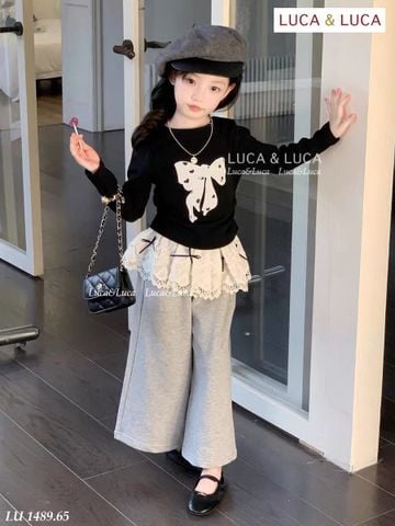 LU 1489 - Set bộ Luca áo nơ đen + quần ghi ống suông bé gái size 2-12y