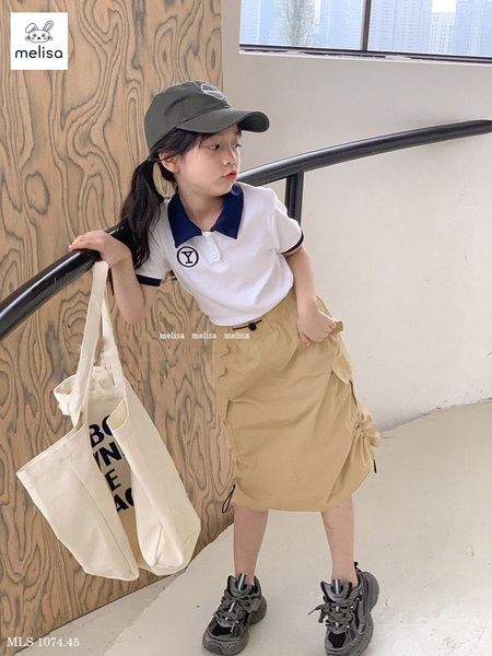 MLS212 - Set Melisa áo trắng cổ đức + chân váy kaki dài túi hộp size 2-12y
