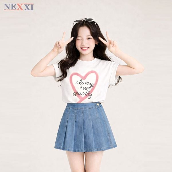 2512.2 - Chân váy jean xếp ly nút gỗ Nexxi size 3-14y