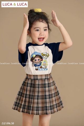 LU 896 - Set bộ Luca áo babythree + chân váy kẻ caro nâu bé gái size 2-12y