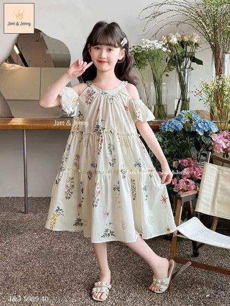 JJ 5039 - Váy vải thô Jam & Jenny cổ yếm trễ vai hoạ tiết hoa bé gái size 2-12y