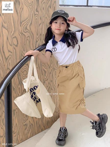 MLS212 - Set Melisa áo trắng cổ đức + chân váy kaki dài túi hộp size 2-12y