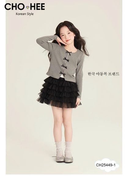 CH25449 - Bộ Cho Hee áo cotton đính nơ + chân váy tutu 2 màu bé gái size 2-11y