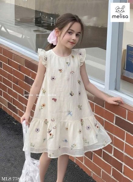 MLSDCC.7789 - Váy voan Melisa màu kem thêu hoa bướm tay cánh tiên size 1 - 10y