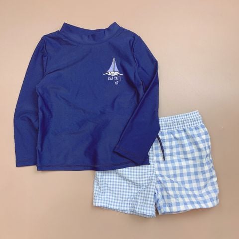 DB00058 - Bộ bơi áo dài tay màu navy hình thuyền Sea Ya - quần caro xanh trắng size 6m - 5y