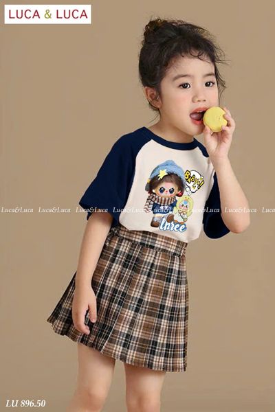 LU 896 - Set bộ Luca áo babythree + chân váy kẻ caro nâu bé gái size 2-12y