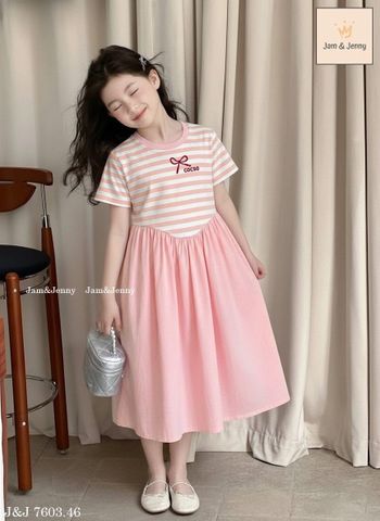 JJDCC.7603 -Váy Jam & jenny thân kẻ in nơ hồng + chân váy hồng xòe size 2-12y