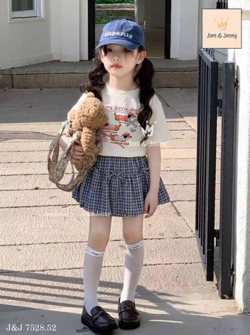 JJBCC.7528 - Set Jam&Jenny áo cotton trắng hình cún - chân váy bí caro xanh đính nơ size 2 - 12y