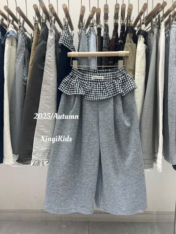 XY886035 - Quần ống suông thun cạp kẻ caro 2 màu ghi/navy bé gái size 110-150