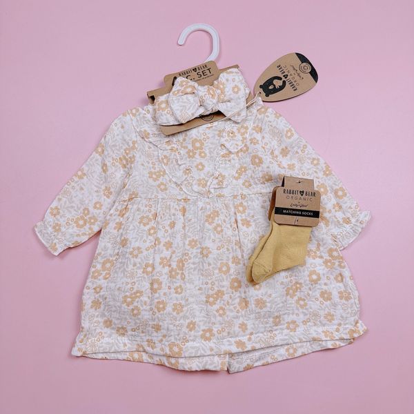 V00077 - Set 4ct váy muslin + quần chip + băng đô + tất bé gái size 3-12m