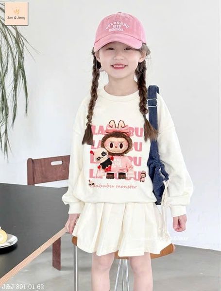 LABU612 - Set áo + chân váy da cá Jam&Jenny hình Labubu 2 màu hồng / trắng size 6 - 12y