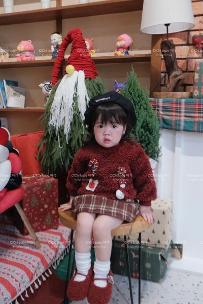 M2564001 - Set áo lông + chân váy kẻ đỏ noel cho bé size 73-100