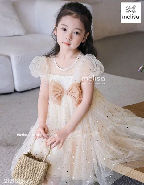 MLS 5324 - Váy công chúa Melisa màu be sao đính nơ bé gái size 2-12y