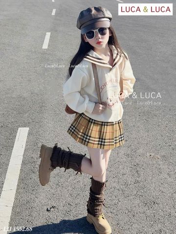 LU 1552 - Bộ nỉ Luca áo in gấu + chân váy xếp ly kẻ cho bé size 2-12y