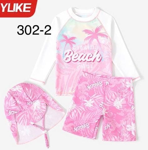 YY302 - Set 3ct bơi YUKE kèm mũ dài tay chống nắng Beach bé gái size 100-160