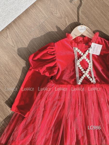 V00114 - Váy nhung phối chân voan 2 màu hồng / đỏ size 12m - 10y