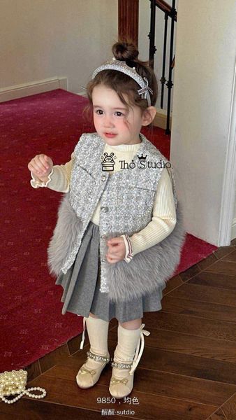 9850 - Set 2ct áo gile dạ lông xanh + chân váy xếp ly size 90-130