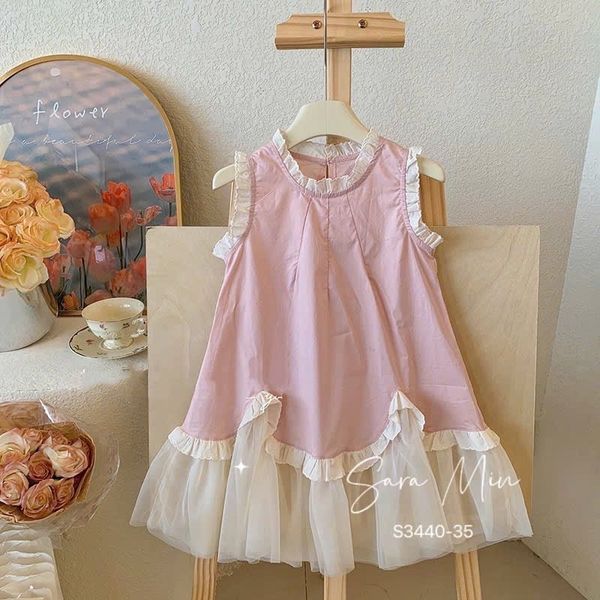 S3440 - Váy Sara Min thô cotton mix chân ren mềm 2 màu hồng/xanh bơ bé gái size 2-12y