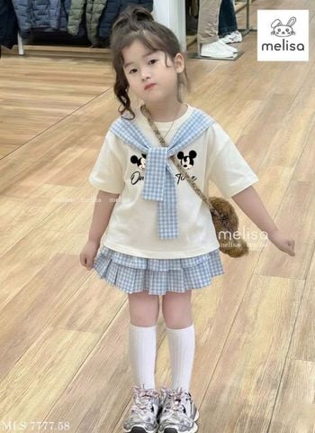 MLSBCC.7777 - Bộ Melisa áo kem in mickey + chân váy kẻ caro xanh size 2-12y