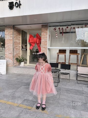 V00114 - Váy nhung phối chân voan 2 màu hồng / đỏ size 12m - 10y