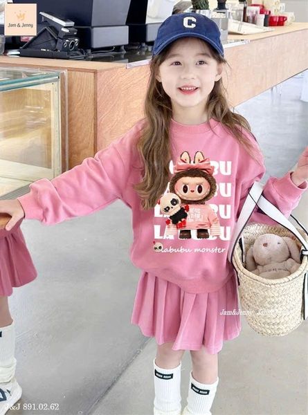 LABU612 - Set áo + chân váy da cá Jam&Jenny hình Labubu 2 màu hồng / trắng size 6 - 12y