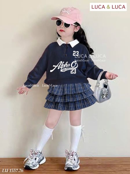 LU 1557 - Bộ bé gái Luca áo nỉ xanh Alpha 23 + chân váy kẻ 3 tầng size 2-12y