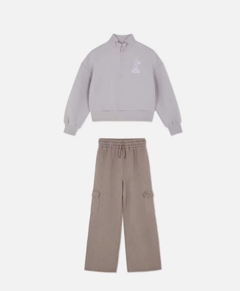 B05 - Bộ nỉ thể thao áo tím Stitch + quần nâu bé gái size 7-15y